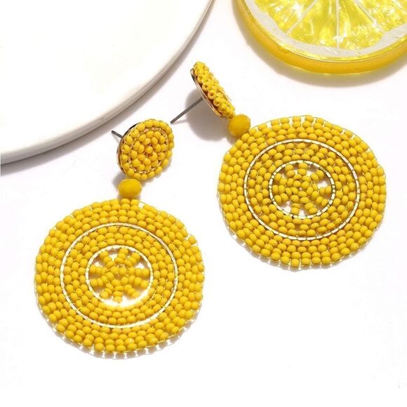 Yellow Beaded Double Round Disc Boho Dangling Drop Statement Post Back Earrings - Picture 5 of 7